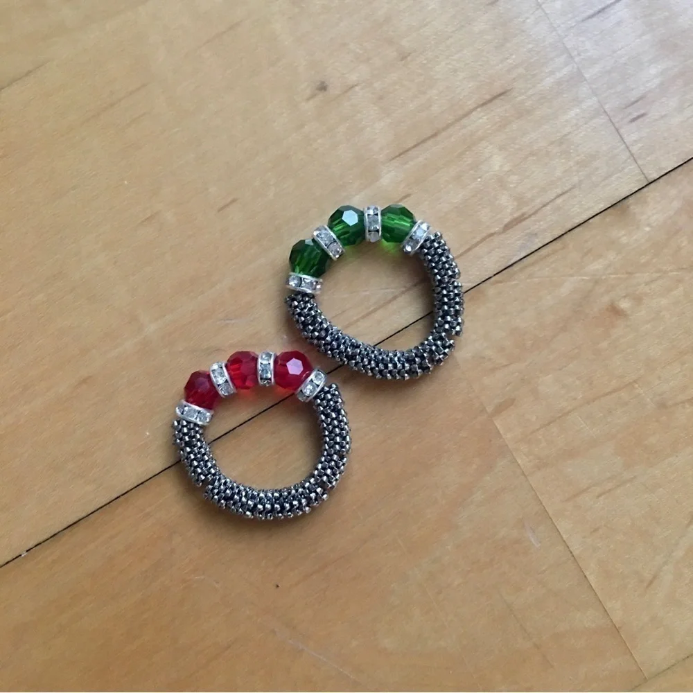 Set/2 Beaded Elasticized Fashion Rings, Red, Green
